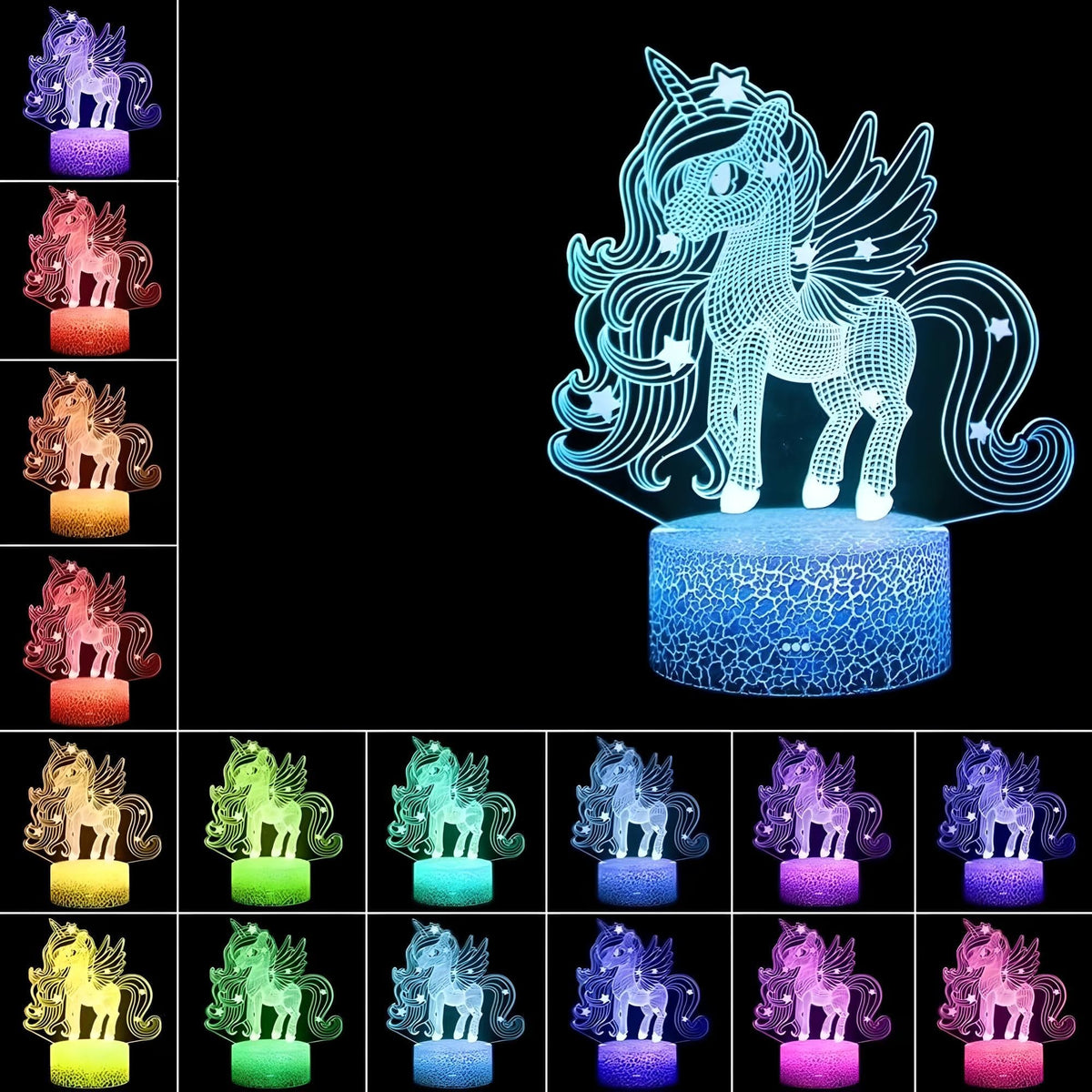 Veilleuse licorne lumineuse multicolore en 3D pour enfant
