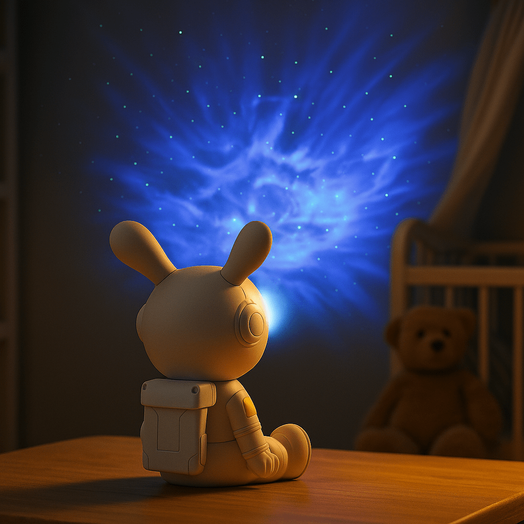 Veilleuse projecteur astronaute lapin assis ciel étoilé