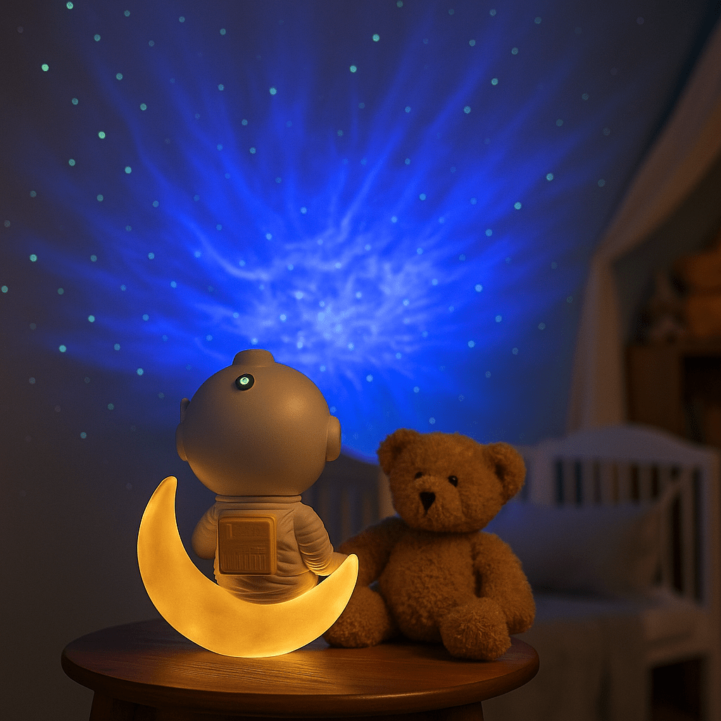 Veilleuse projection astronaute sur croissant lune lumineuse