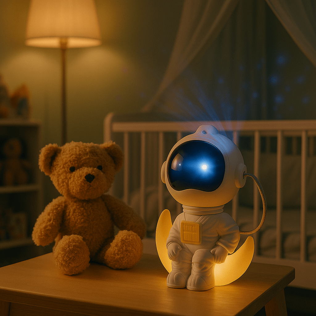 Veilleuse projection astronaute sur croissant lune lumineuse