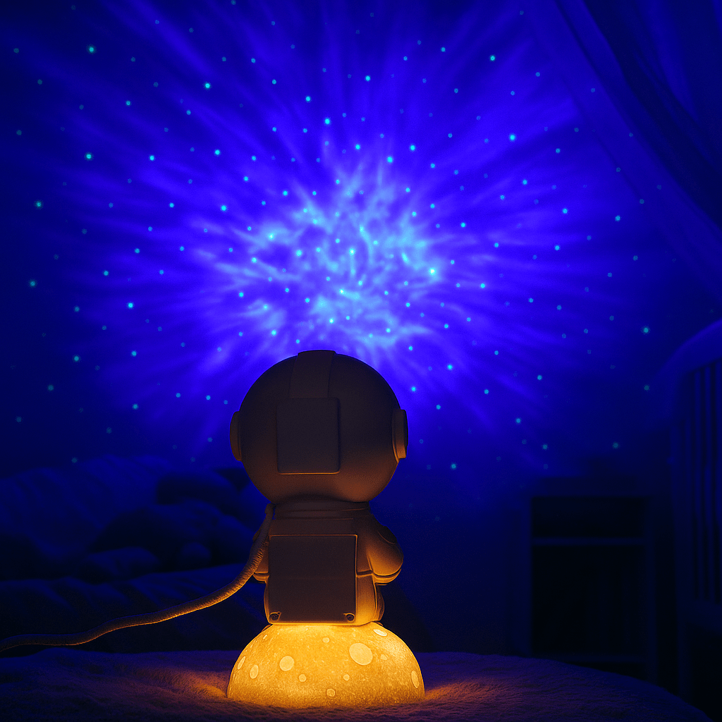 Veilleuse projection astronaute assis sur lune lumineuse