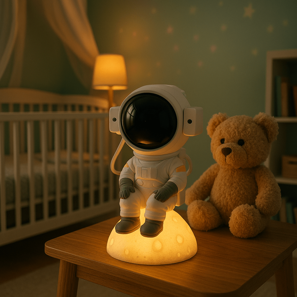 Veilleuse projection astronaute assis sur lune lumineuse