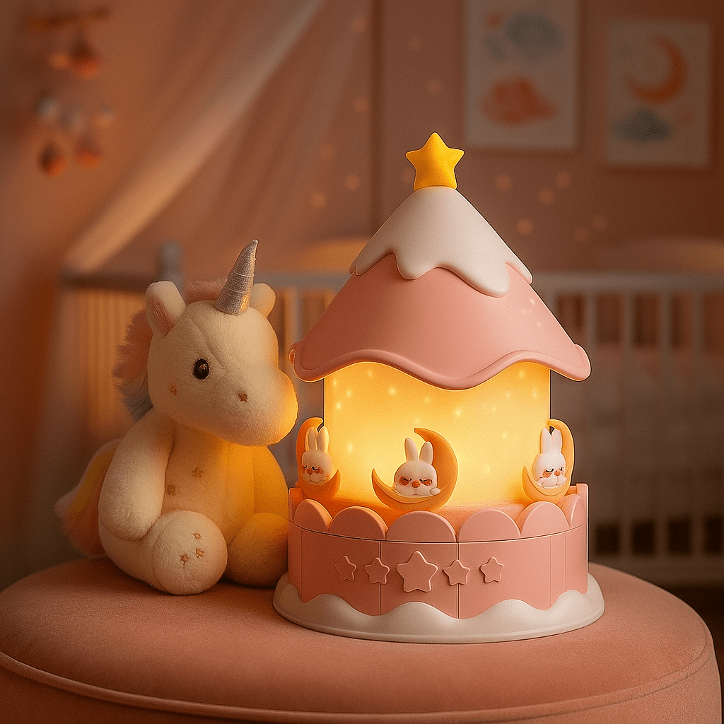 Veilleuse projection carrousel rose avec mouvement apaisant